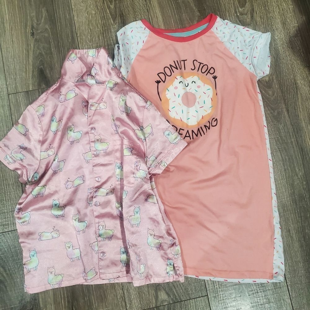 Girl Pajama Set Size 7-8 Cat & Jack Pink Dress & Justice Pink Llama Pajama Shirt